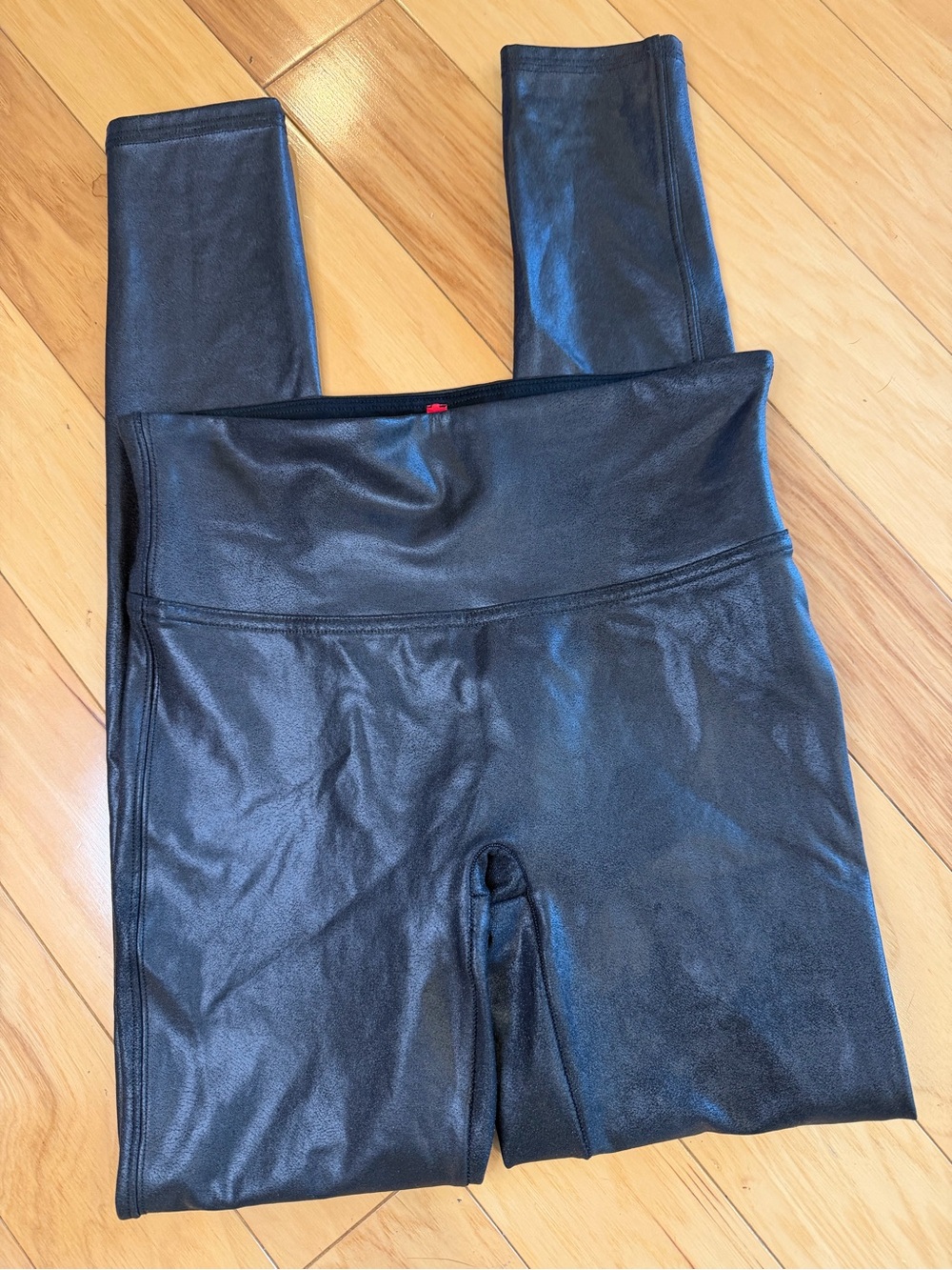 SPANX Faux Leather Leggings Very Black High Rise Compression Small Petite SP